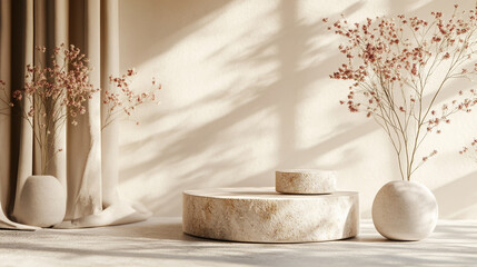 Poster - Elegant minimalist interior design with floral arrangements in natural light