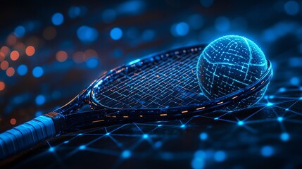 Tennis racket and ball illuminated by blue neon lights, set against a digital network backdrop, showcasing sports technology and futuristic concepts.