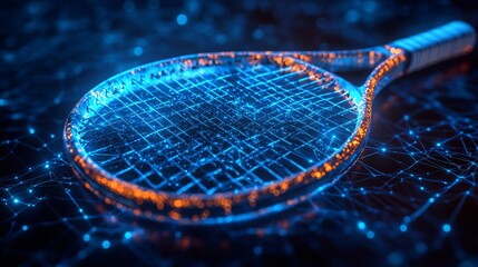 Tennis racket and ball illuminated by blue neon lights, set against a digital network backdrop, showcasing sports technology and futuristic concepts.