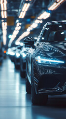 Poster - brand new cars lined up on the production line of a state-of-the-art car factory, highlighting advan