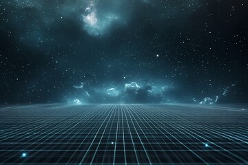 Poster - Futuristic Grid Landscape Underneath a Starry Night Sky