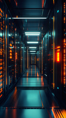 Poster - Futuristic server racks emitting orange light illuminating the corridor of a dark data center, creating a powerful image of technology and connectivity