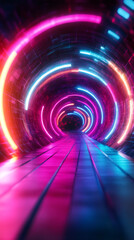 Aufkleber - Futuristic neon tunnel with pink and blue lights illuminating wooden floor, creating vibrant and colorful atmosphere