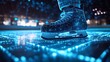 © zuriya - Digital network matrix with blue neon lights surrounding high-tech hockey gear--stick, puck, and skates, showcasing advanced sports technology and design.