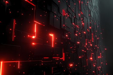 Poster - Abstract Red Lights Illuminate Dark Geometric Blocks