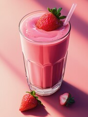 Wall Mural - A delicious pink strawberry smoothie in a clear glass with fresh strawberries on the side.