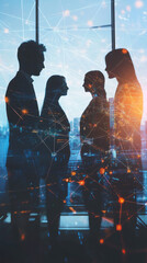 Aufkleber - Businesspeople silhouettes standing and communicating in modern office with network effect at night