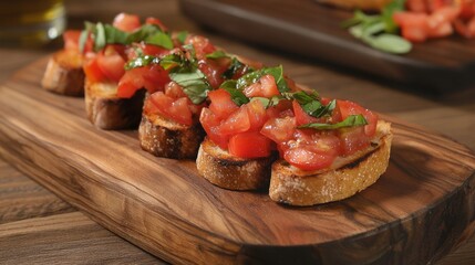 Savory slices of crispy bread are generously topped with vibrant diced tomatoes and fragrant basil leaves