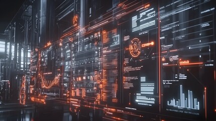 futuristic industrial control panel displays data graphics