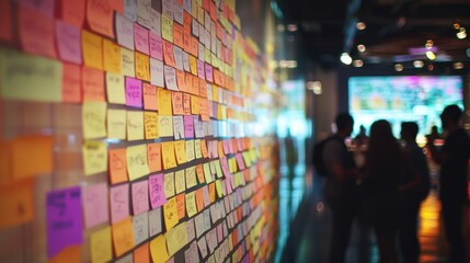 Aufkleber - A collaborative planning session depicted with a closeup of a wall covered in postit notes sketches and a projector displaying data insights while team members interact energetically.