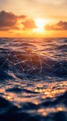Poster - Digital network spanning ocean waves, connecting illuminated horizon during sunset with technological connectivity visualization