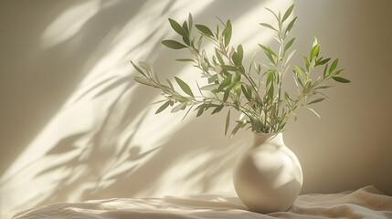Poster - Elegant vase with green leaves against a soft background creating soothing shadows