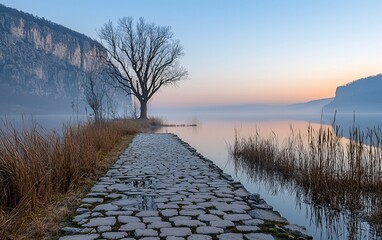 Wall Mural - Serene sunrise over calm lake with stone path, lone tree, and misty mountains.