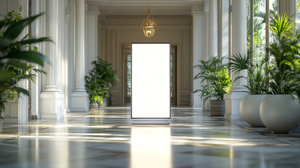 Poster - Modern illuminated display in a grand architectural hallway with plants
