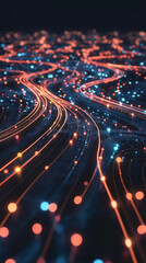 Poster - Glowing lines and dots flowing on a dark background, representing data transmission, technology, and communication