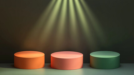 Poster - Colorful circular pedestals illuminated by soft lights in a minimalist setting