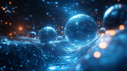 Wall Mural - a rhythmic arrangement of glowing spheres with bright highlights reflected in a deep blue space.