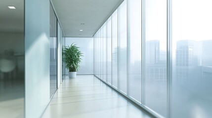 Poster - Modern office hallway with large windows and plant