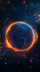Aufkleber - Digital planet Earth is rotating surrounded by a ring of fire and particles in a dark space, ideal for backgrounds and screensavers