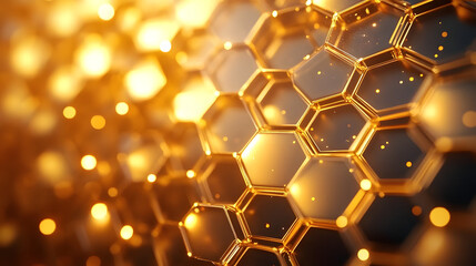 Poster - shimmering golden hexagonal abstract background with bokeh light effects : generative ai