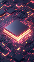Fototapete - Modern cpu glowing with illuminated orange neon lights on motherboard with pink neon lights