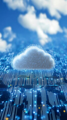 Fototapete - Cloud computing concept showing glowing cloud floating over circuit board with blue sky and white clouds in background