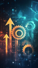 Aufkleber - Growing orange arrows and cogwheels symbolize growth in technology and business on a holographic background