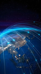 Fototapete - Planet Earth at night with luminous lines connecting Asia, representing internet network, data exchange and global connections