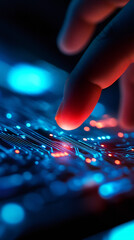 Aufkleber - Finger touching illuminated circuit board surface, representing digital connectivity and technological advancement