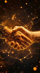 Poster - two businessmen shaking hands creating a futuristic golden network representing a successful busines