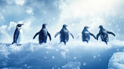 Sticker - Penguins walking on ice in a winter wonderland.