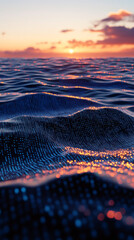 Aufkleber - Digital ocean reflecting a golden sunset, creating stunning textures intertwined with flowing binary code and vibrant hues of blue and orange