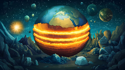 Wall Mural - cross-section of the earth's core with glowing layers illustrating the mantle, crust and core, surro