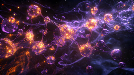 Wall Mural - digital visualization of particle physics with glowing atom-like structures and intricate molecular 