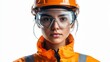 © Sirichat. Camphol - A focused factory worker wearing a protective uniform and safety goggles, isolated on a clean white background,