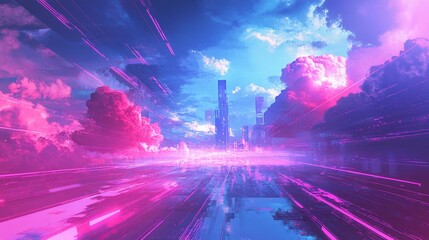 Wall Mural - Neon Cityscape at Sunset: A Futuristic Dream