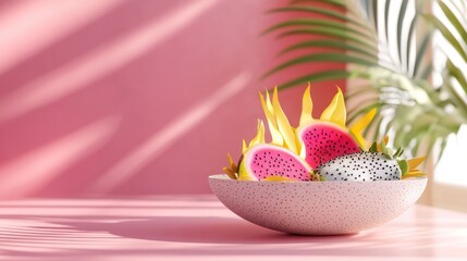 Wall Mural - Pink and yellow dragon fruit slices in a white bowl on a pink surface, tropical leaves in background.