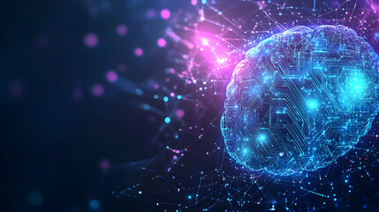 Poster - neural network concept with glowing digital brain and intricate circuit connections in vibrant blue 