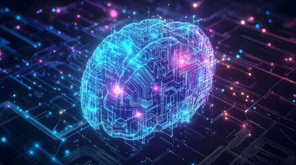 Poster - neural network concept with glowing digital brain and intricate circuit connections in vibrant blue 