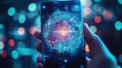 Poster - Hand holding smartphone displaying vibrant digital atom representation against blurred lights