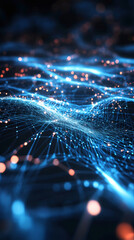 Aufkleber - Glowing digital plexus network with interconnected particles forming wave-like structure, symbolizing technological connectivity and data flow