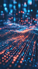 Fototapete - Digital particles flowing and creating wavy surface with bokeh lights in the background, suitable for technology and science concepts