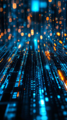 Poster - Digital data stream cascading over matrix code, generating high-tech virtual visualization