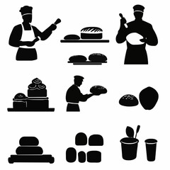 10 black simple silhouette depictions of humans performing various professional activities on a white background