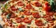 © Teepanun - Close up of a mouth-watering pizza, showcasing a variety of delicious toppings like pepperoni, melted cheese, and fresh vegetables, closeup, pizza