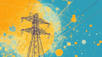 Poster - abstract illustration of a power line tower against a vibrant background with splashes of color