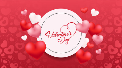 Red and pink hearts are scattered throughout symbolizing love and affection Valentine's Day in festive font within a circular frame surrounded by a heart patterned background creating a romantic