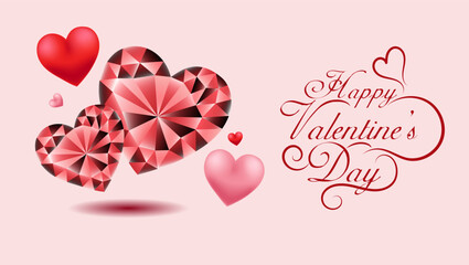 Wall Mural - Sparkling diamond hearts in different sizes and colors with the largest heart at the center represent love and affection Happy Valentine's Day in festive font adds to the romantic atmosphere