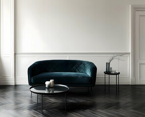 Poster - A dark teal velvet sofa sits in front of a white wall, creating a cozy living room setting.