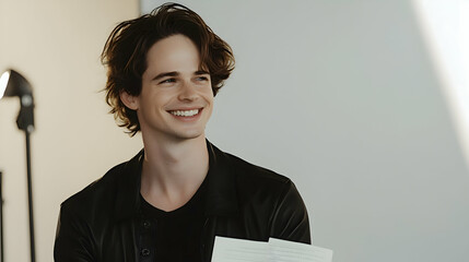 Actor holding a script and smiling, in front of a plain, light backdrop